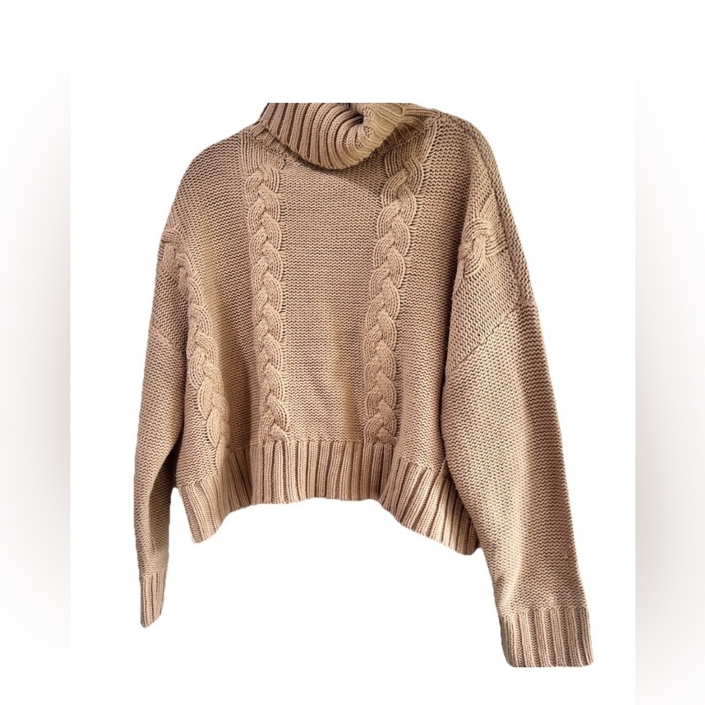 Calvin Klein Camel Knit Pullover Cozy Tan Cable Knit Turtleneck Sweater - Picture 3 of 16